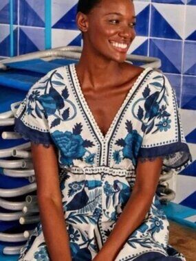 Farm Rio Tropical Tiles linen blend dress